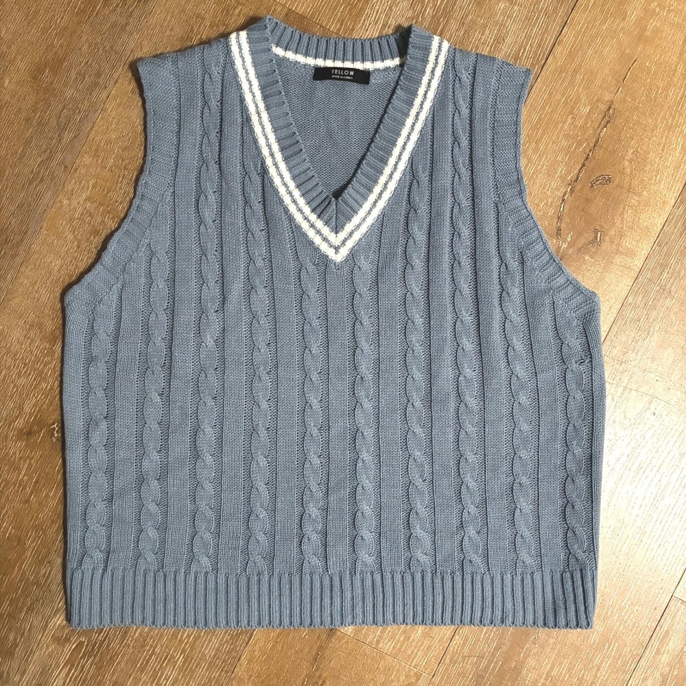 Blue Cable Knit V Neck Sweater Vest Preppy Textured Womens Small / Medium